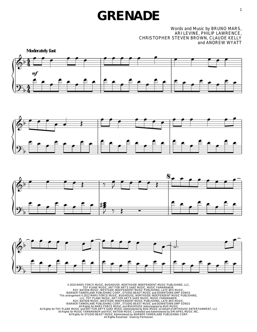 Grenade Piano Solo scores gallery preview page 1