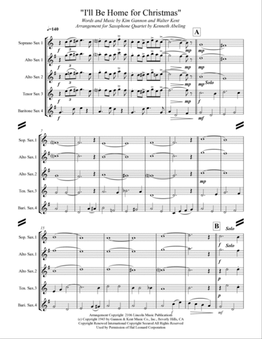 I'll Be Home For Christmas Saxophone Quartet scores gallery preview page 2