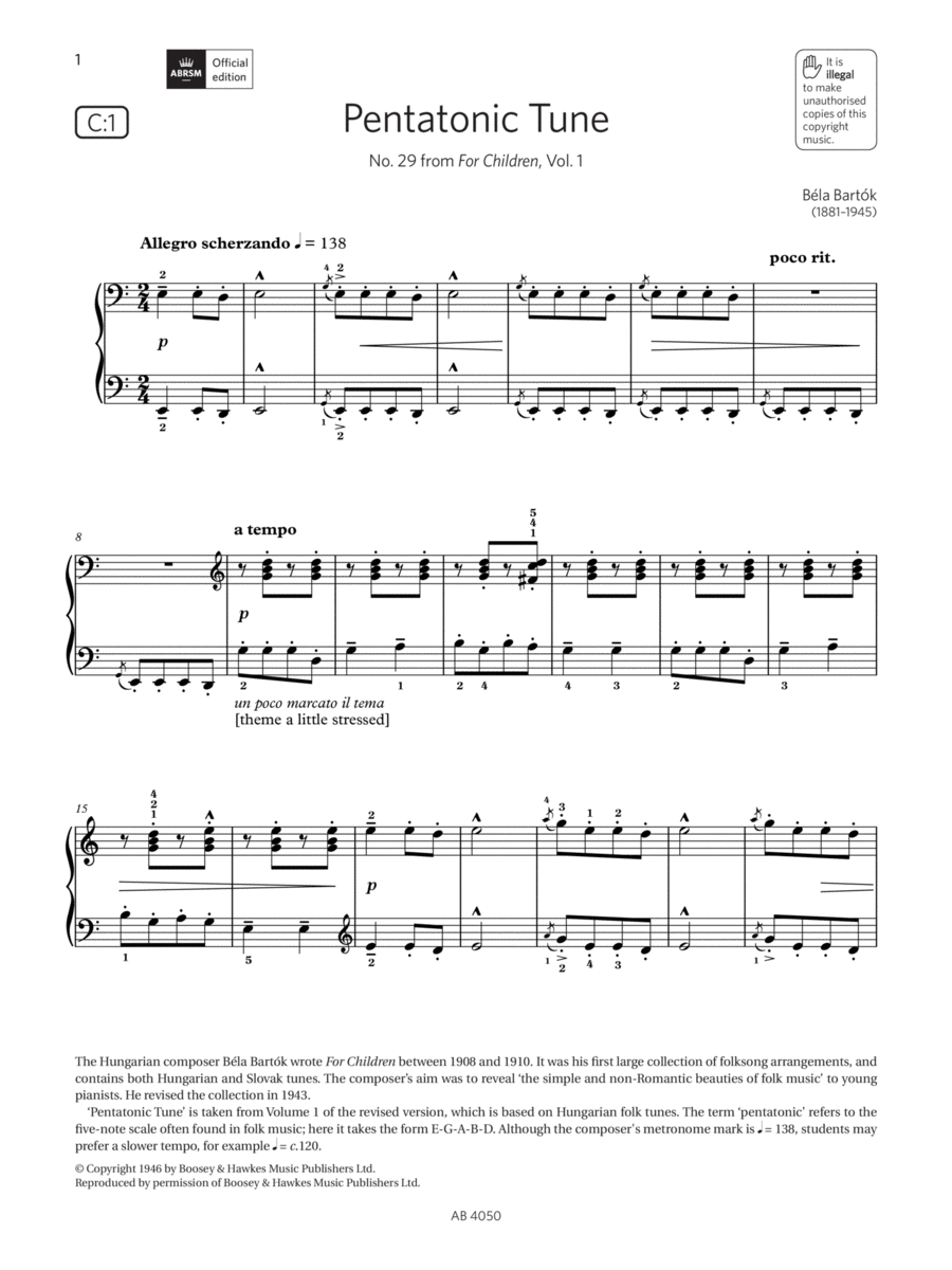 Pentatonic Tune (Grade 4, list C1, from the ABRSM Piano Syllabus 2023 & 2024) Piano Method scores gallery preview page 1