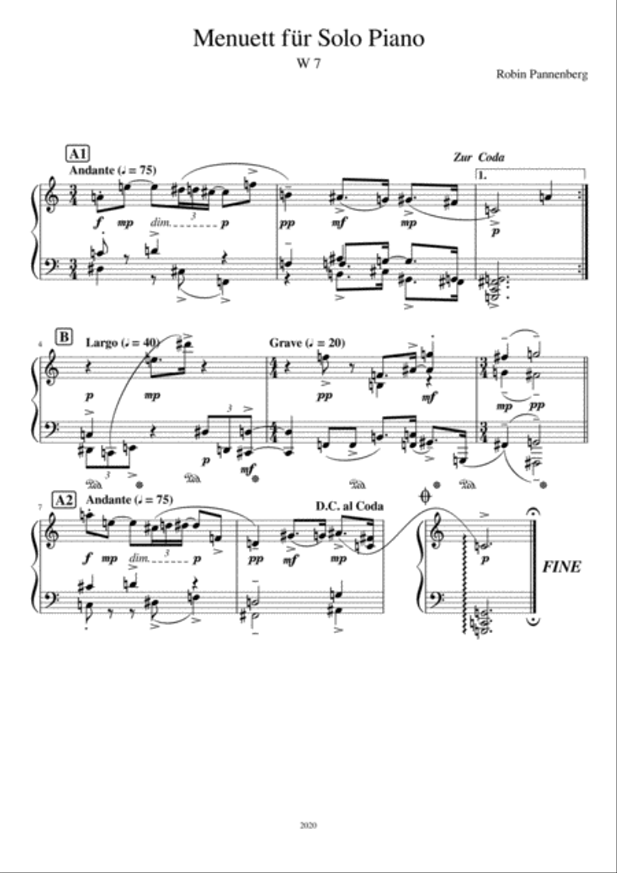Minuet for Solo Piano, W 7 Piano Solo scores gallery preview page 1