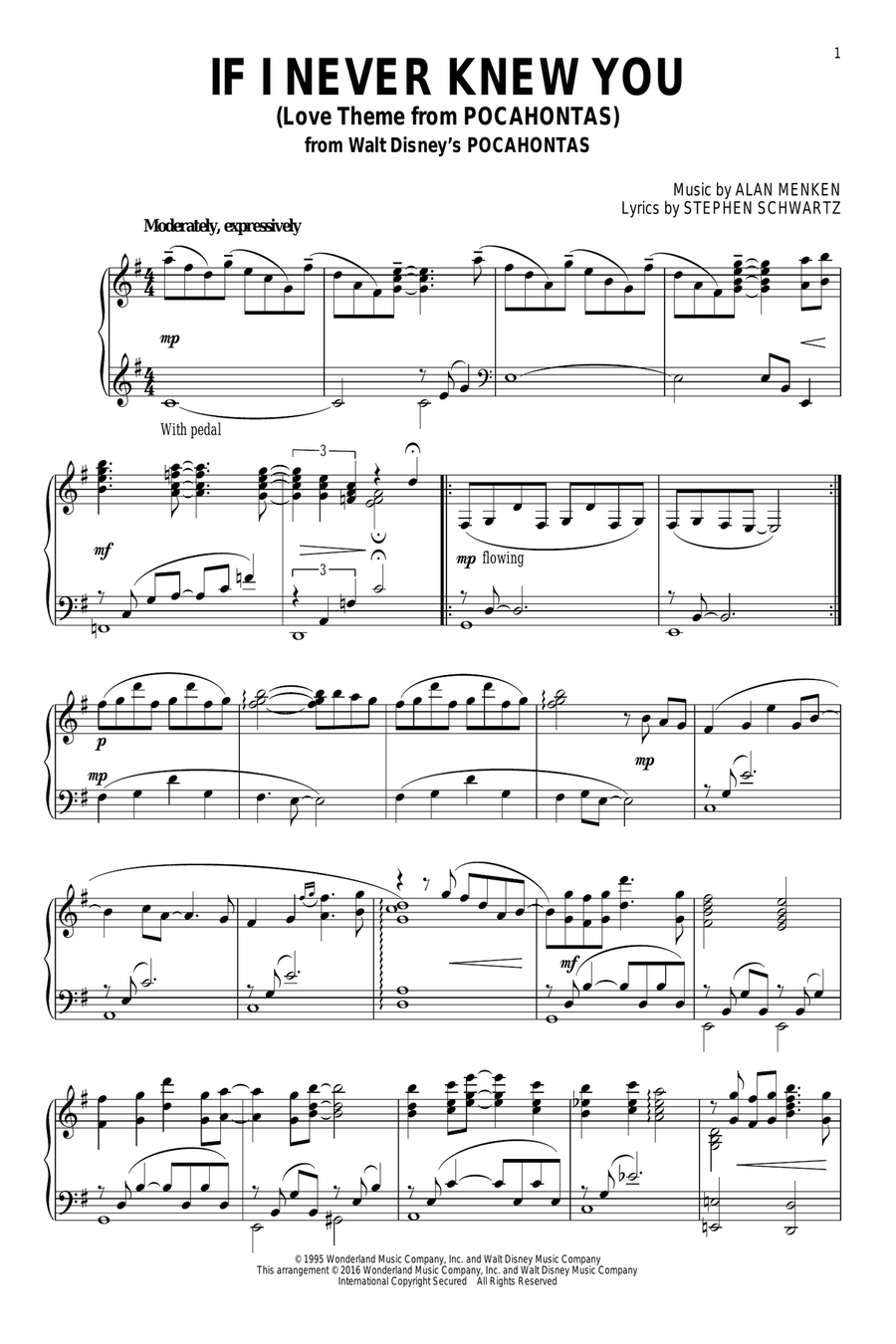 If I Never Knew You (End Title) (from Pocahontas) Piano Solo scores gallery preview page 1