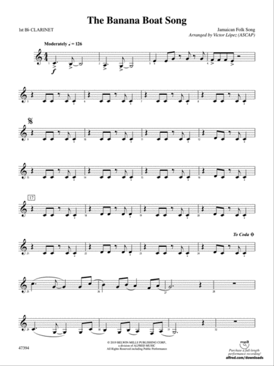 The Banana Boat Song: 1st B-flat Clarinet Concert Band scores gallery preview page 1
