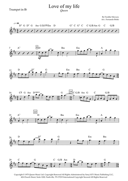 Queen Love of My Life Sheet Music in F Major (transposable