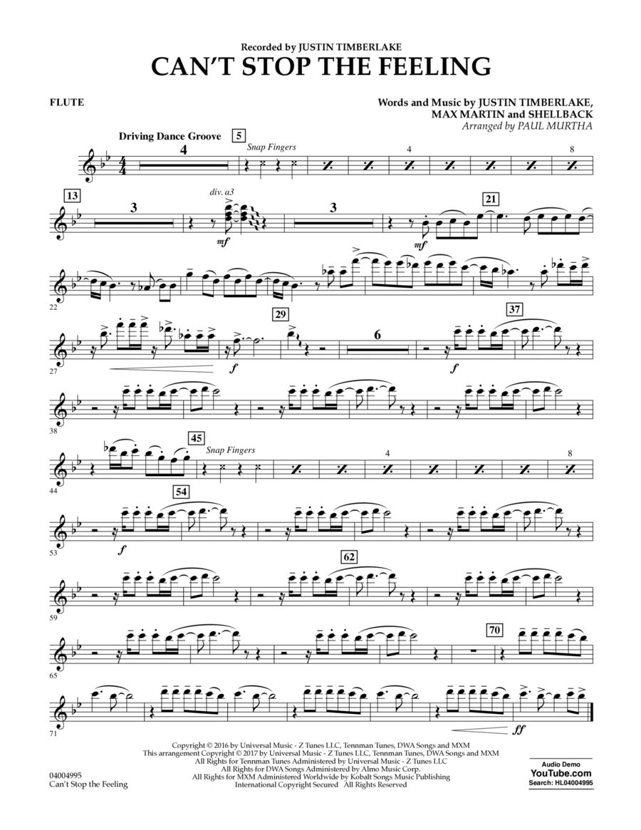 Can't Stop the Feeling - Flute Concert Band scores gallery preview page 1