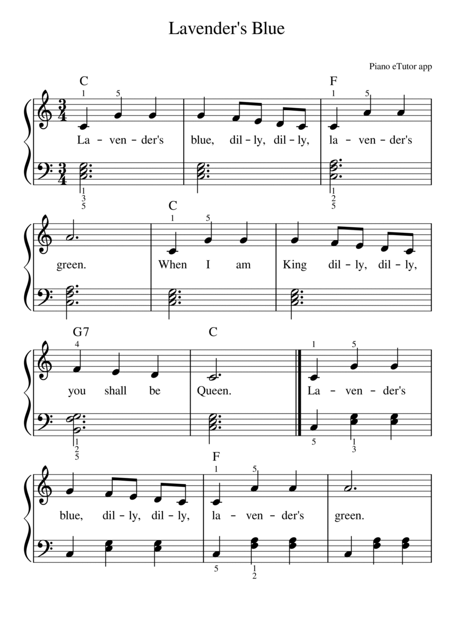 Lavender's Blue - piano sheet music Easy Piano scores gallery preview page 1