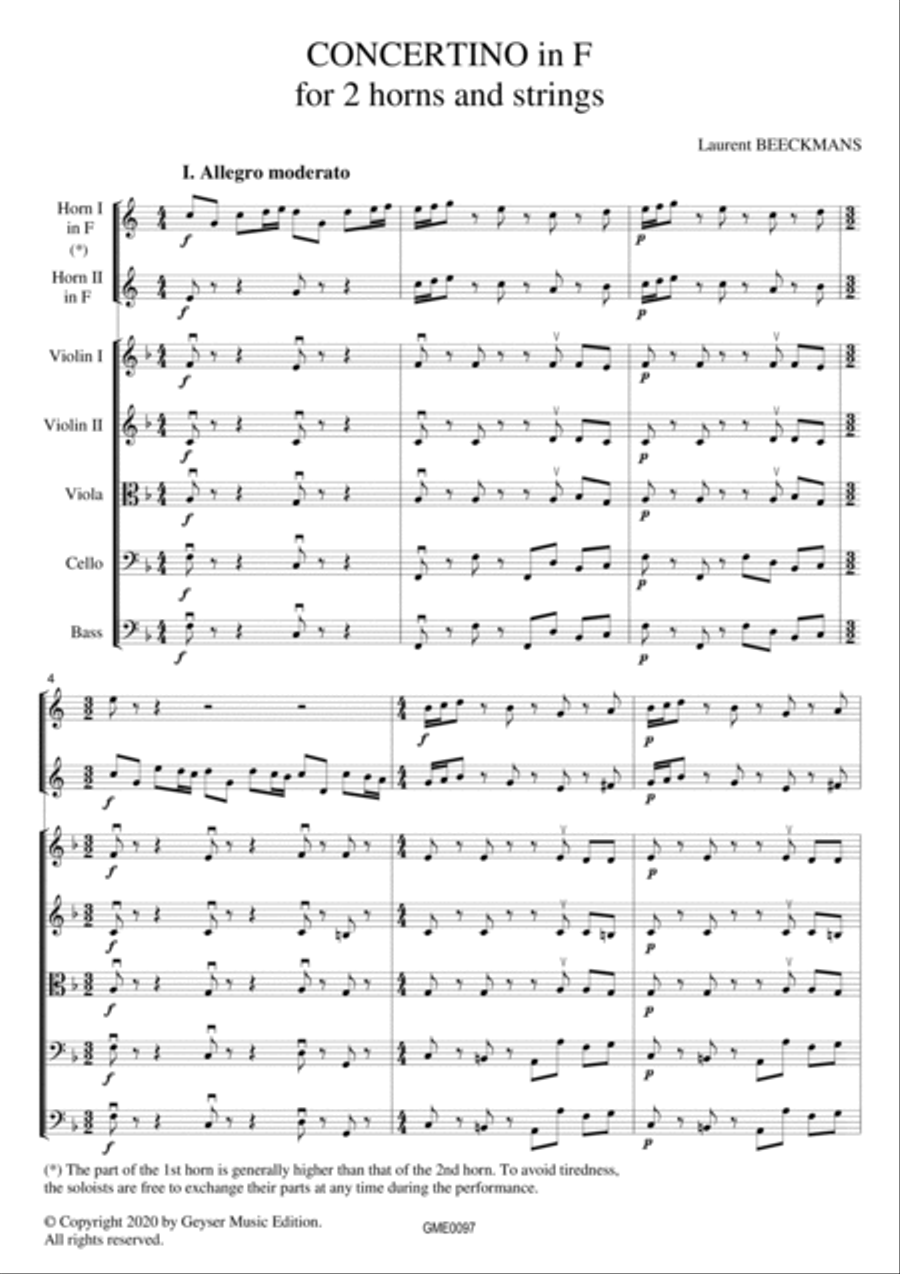 Laurent Beeckmans - Concertino for 2 horns and strings - score and parts Chamber Orchestra scores gallery preview page 3