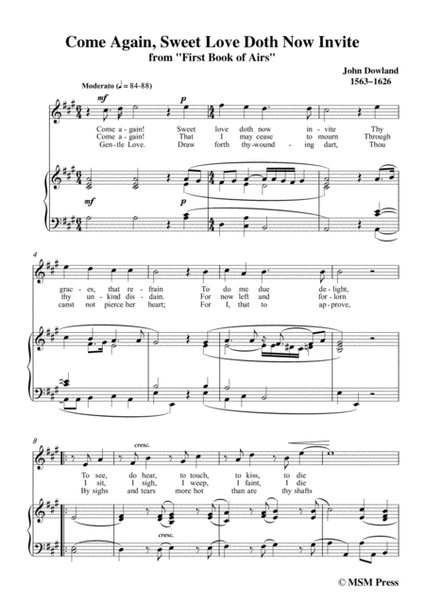 Dowland-Come Again, Sweet Love Doth Now Invite in A Major, for Voice and Piano image number null