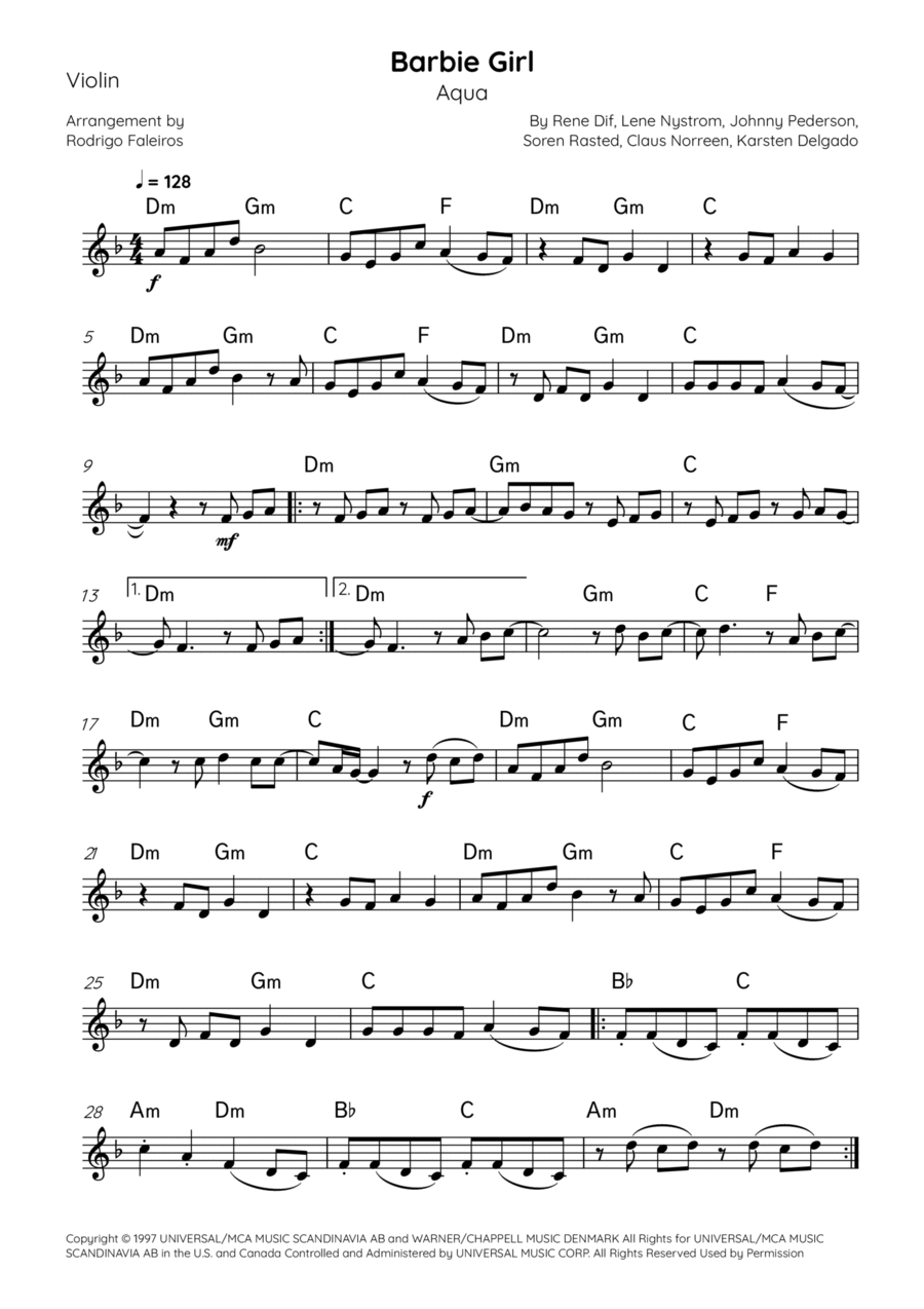Barbie Girl by Aqua Violin Solo Digital Sheet Music Sheet