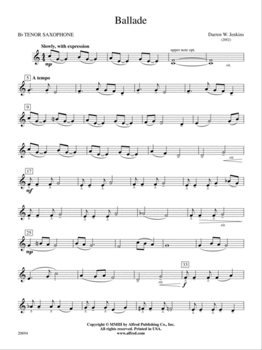Ballade: B-flat Tenor Saxophone Concert Band scores gallery preview page 1