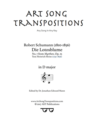 Book cover for SCHUMANN: Die Lotosblume, Op. 25 no. 7 (transposed to D major)