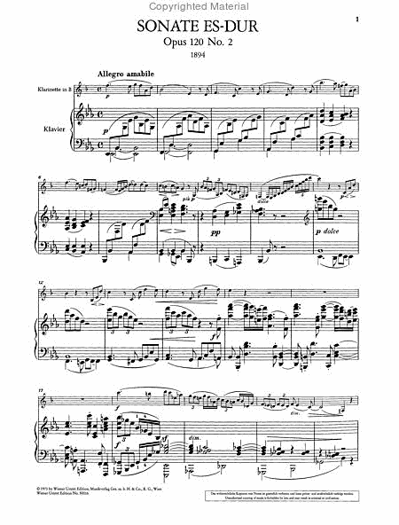 Sonata for Clarinet (or Viola) and piano, E flat major, Op. 120, no. 2 by Johannes Brahms Clarinet - Sheet Music