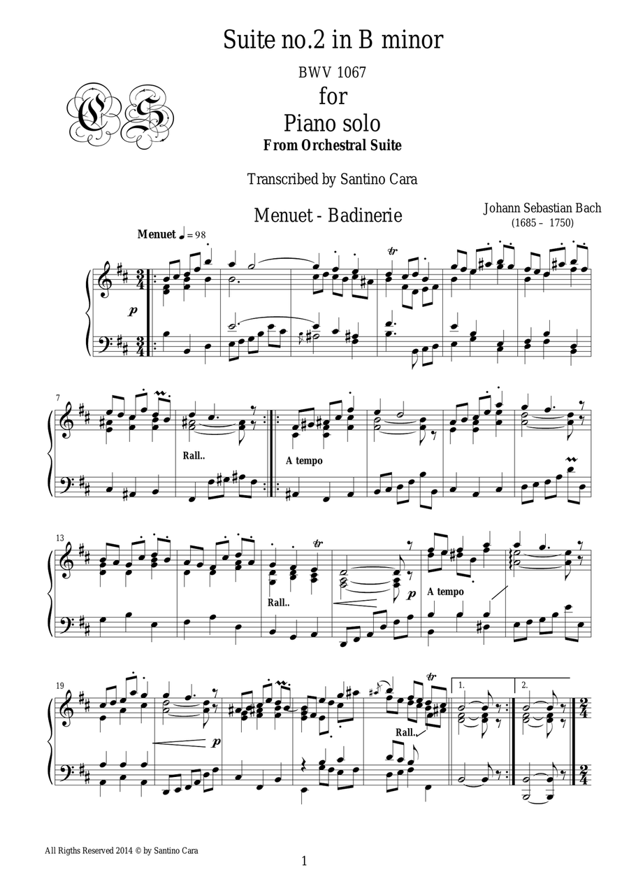 Bach Suite no.2 in B minor BWV 1067 - 7 - 8 - Menuet-Badinerie - Piano solo Piano Solo scores gallery preview page 1
