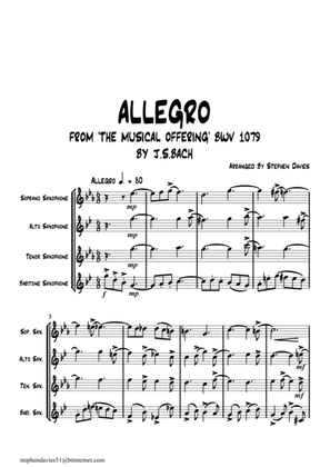 Book cover for Allegro from 'The Musical Offering' By J.S.Bach BWV1079, for Saxophone Quartet.
