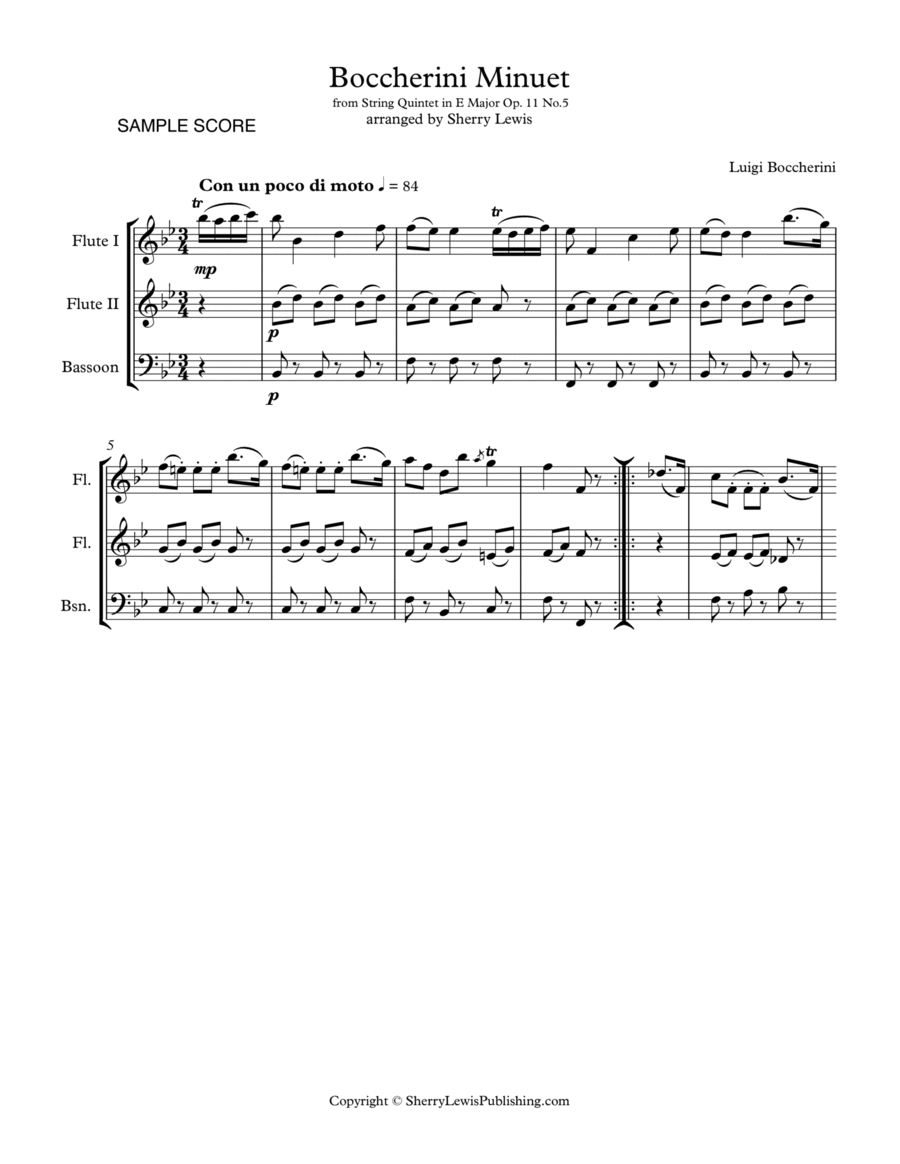 BOCCHERINI MINUET - (Minuet Op. 11 No. 5) Woodwind Trio, Intermediate Level for 2 flutes, bassoon Woodwind Trio scores gallery preview page 1