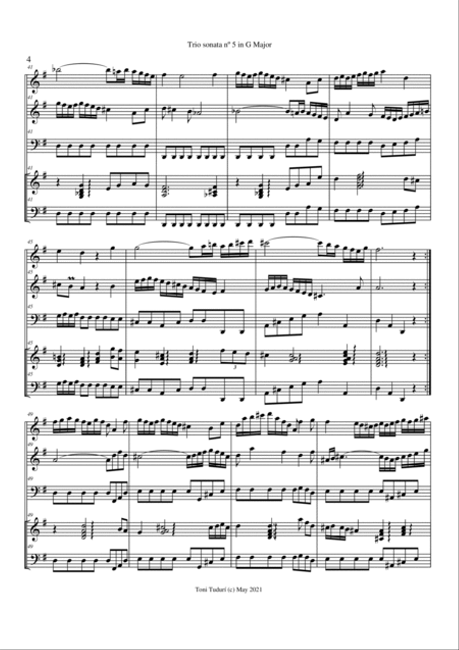 Trio sonata nº5 in G Major for flute, violin & cello or 2 violins & cello and basso continuo (SCORE Small Ensemble scores gallery preview page 4