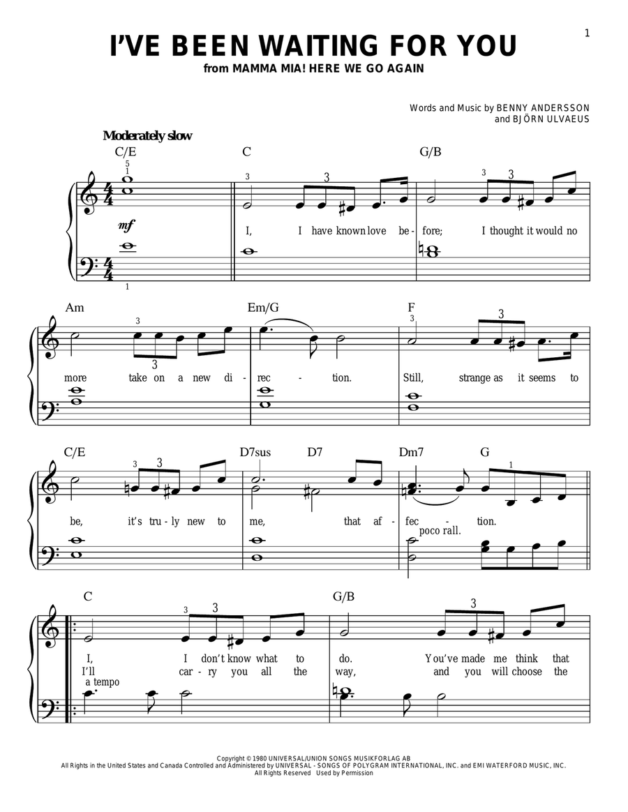 I've Been Waiting For You (from Mamma Mia! Here We Go Again) Easy Piano scores gallery preview page 1
