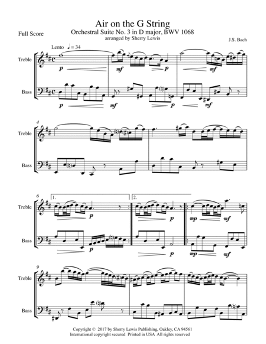 AIR ON THE G STRING Intermediate Level for Duo for any treble instrument and one bass instrument of image number null