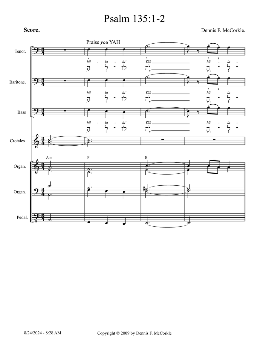 Psalm 135:1-2 - Score Only Small Ensemble scores gallery preview page 1