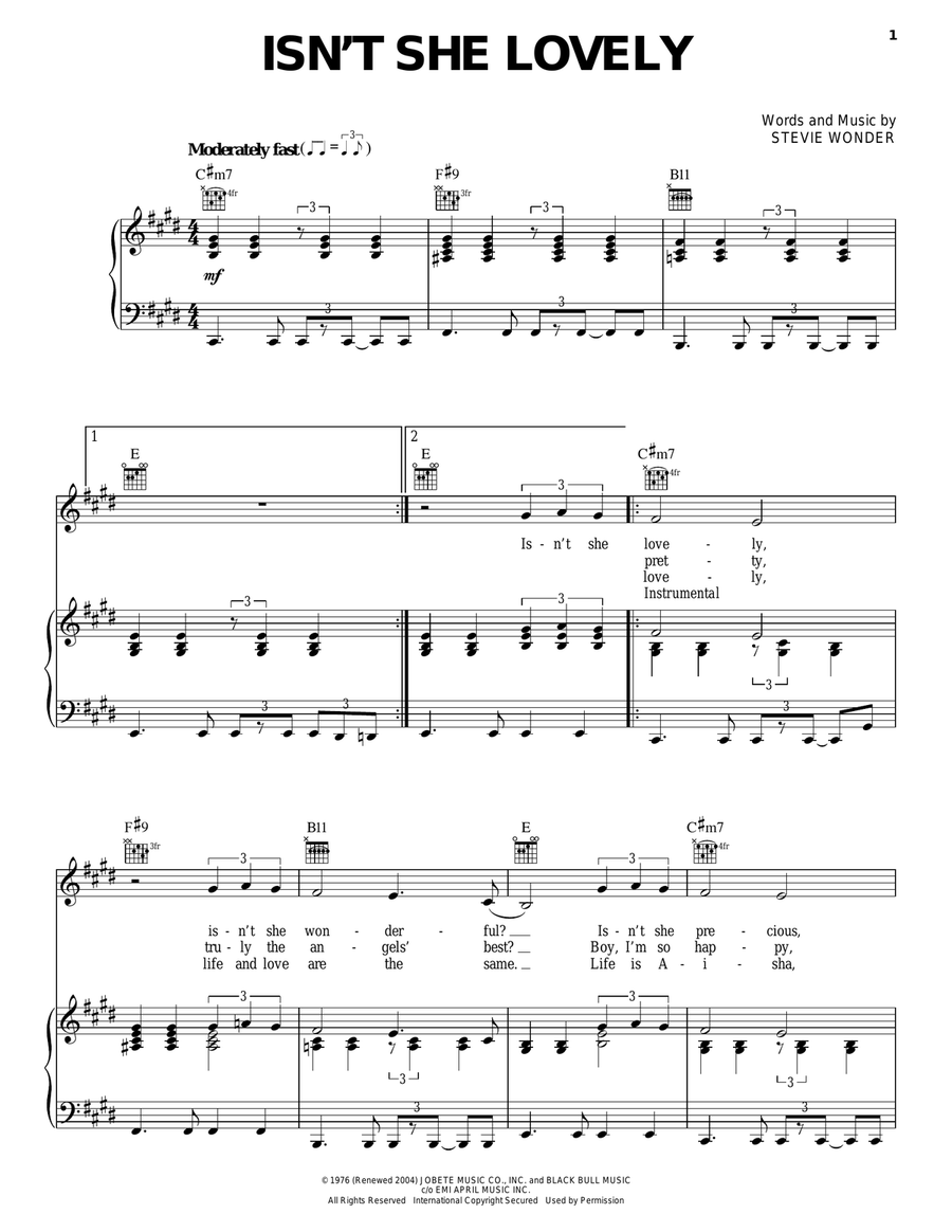 Isn't She Lovely Piano, Vocal, Guitar scores gallery preview page 1