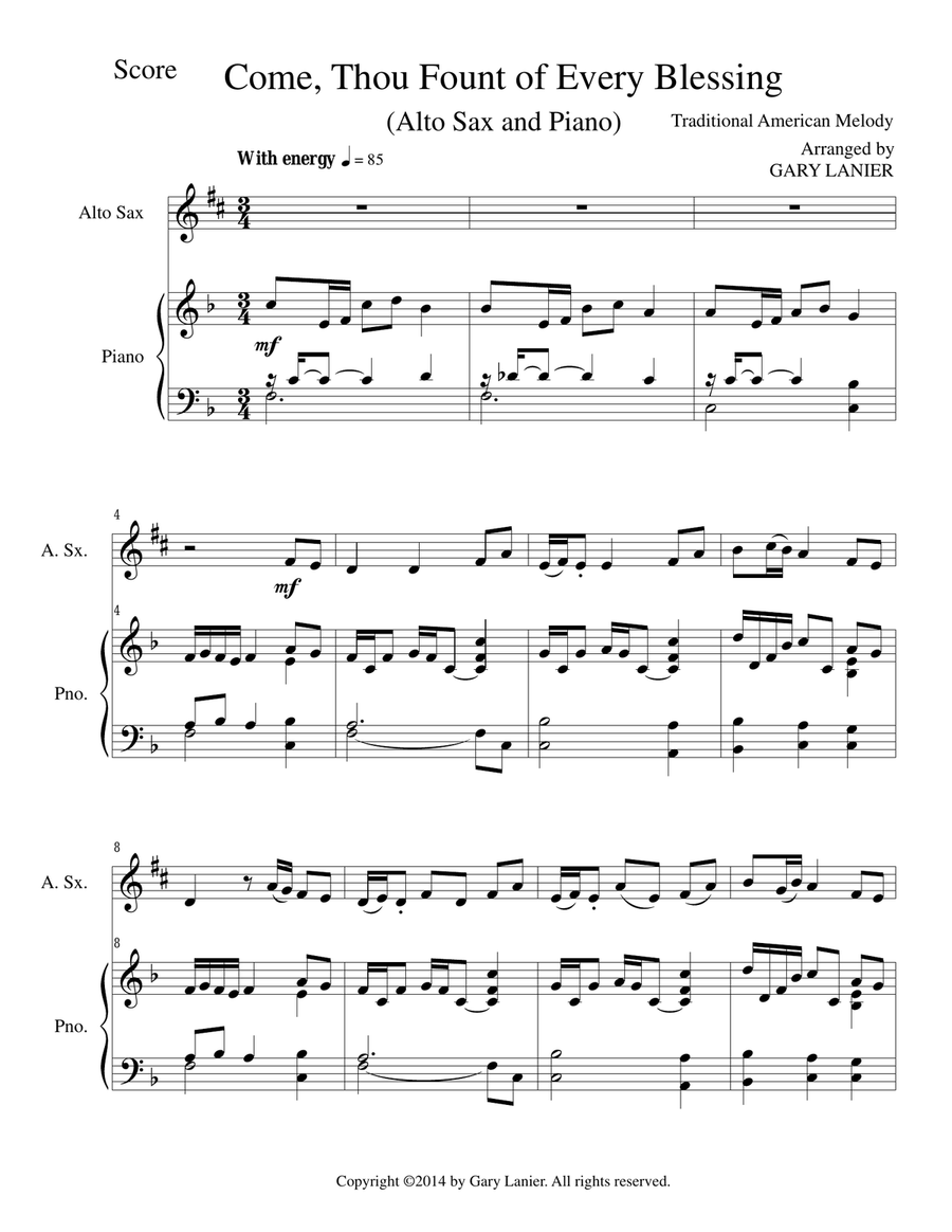 COME, THOU FOUNT OF EVERY BLESSING (Alto Sax/Piano and Sax Part) Alto Saxophone scores gallery preview page 1