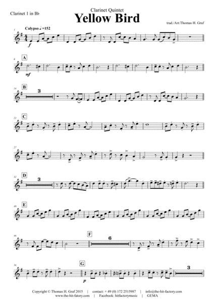 Yellow Bird - Haitian Folk Song - Calypso - Clarinet Quintet image number null