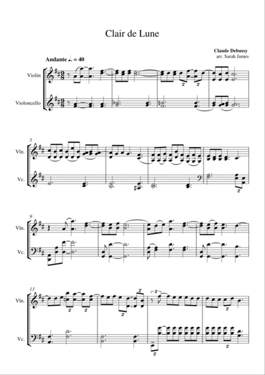 Clair de Lune by Claude Debussy arranged for Violin & Cello Duet by the Chapel Hill Duo String Duet scores gallery preview page 2