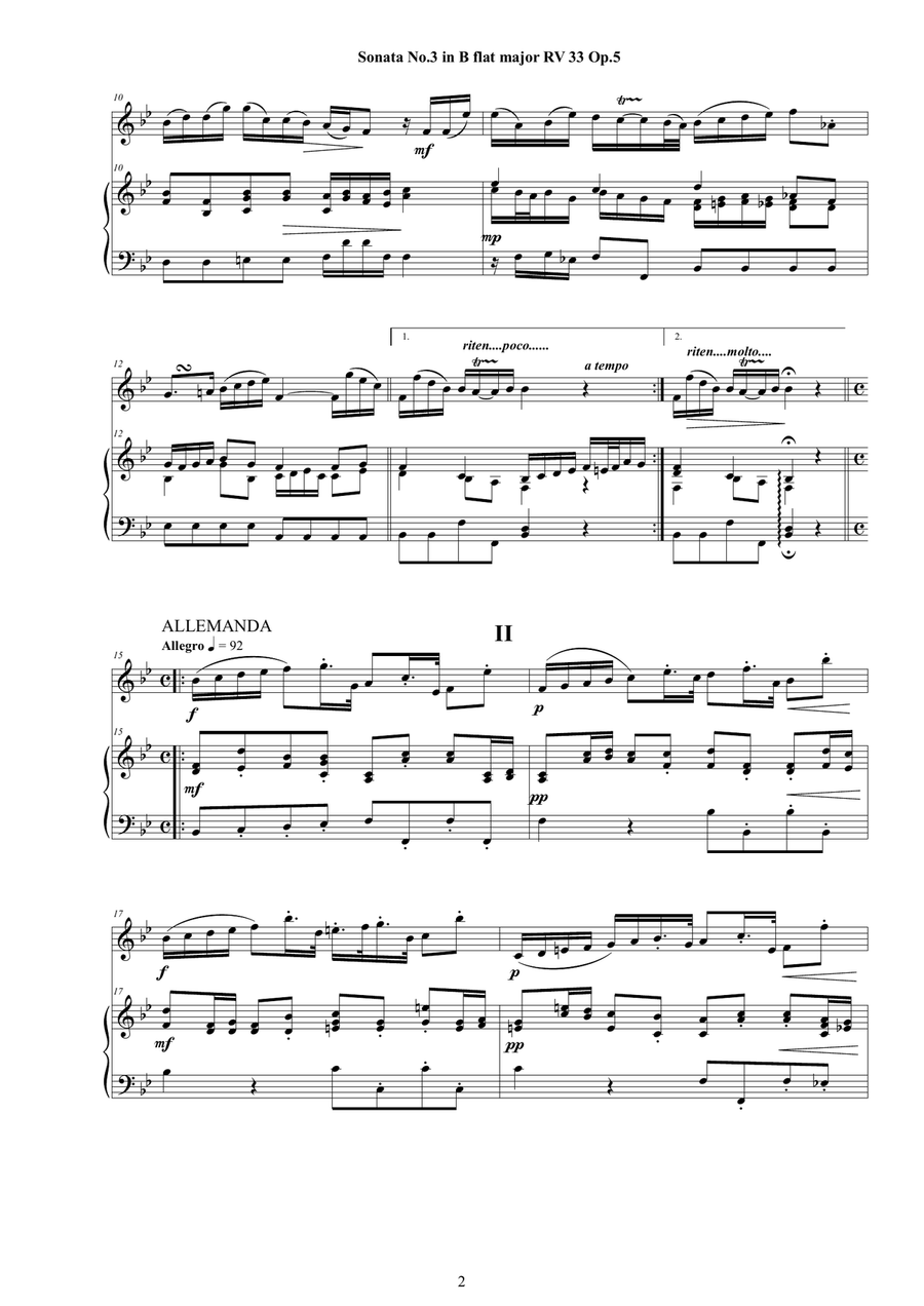 Vivaldi - Violin Sonata No. 3 in B flat major RV 33 Op.5 for Violin and Cembalo (or Piano) String Duet scores gallery preview page 2