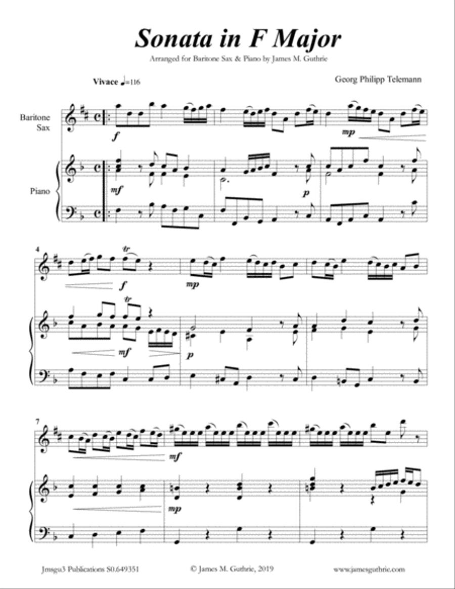 Telemann: Sonata in F Major for Baritone Sax & Piano Baritone Saxophone scores gallery preview page 1