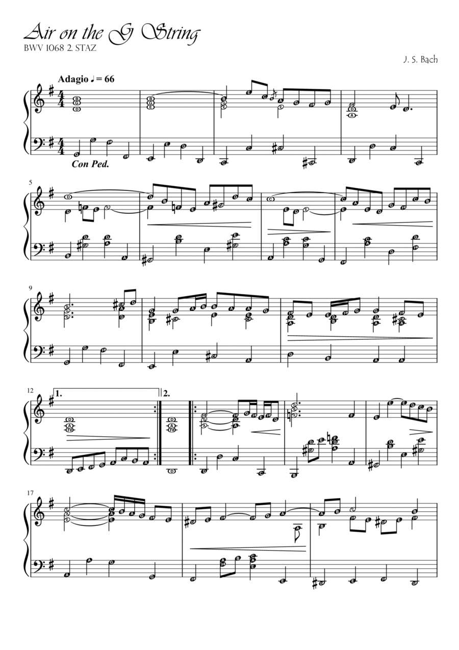 AIR ON G STRING (Piano Arrangement) JS BACH | Solo with Note Names Easy Piano scores gallery preview page 1