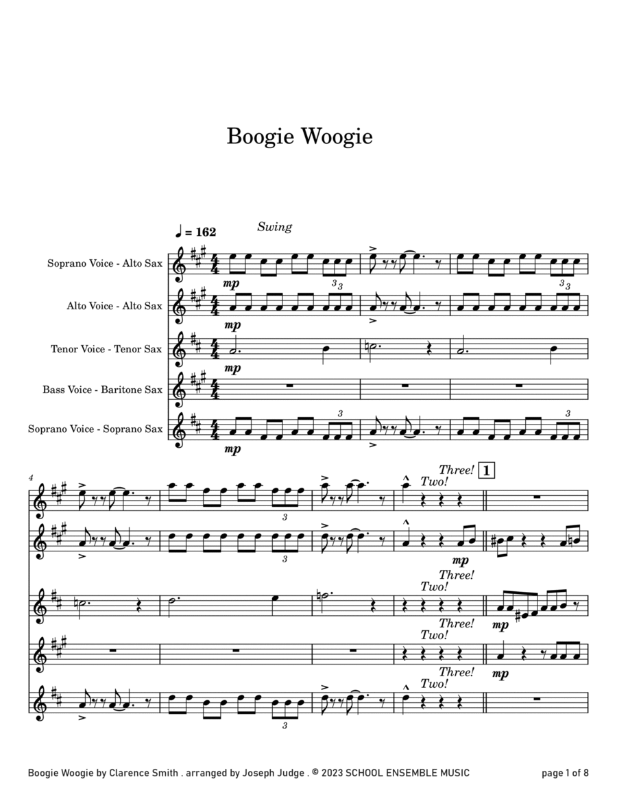 Boogie Woogie by Smith for Saxophone Quartet in Schools Saxophone Quartet scores gallery preview page 1