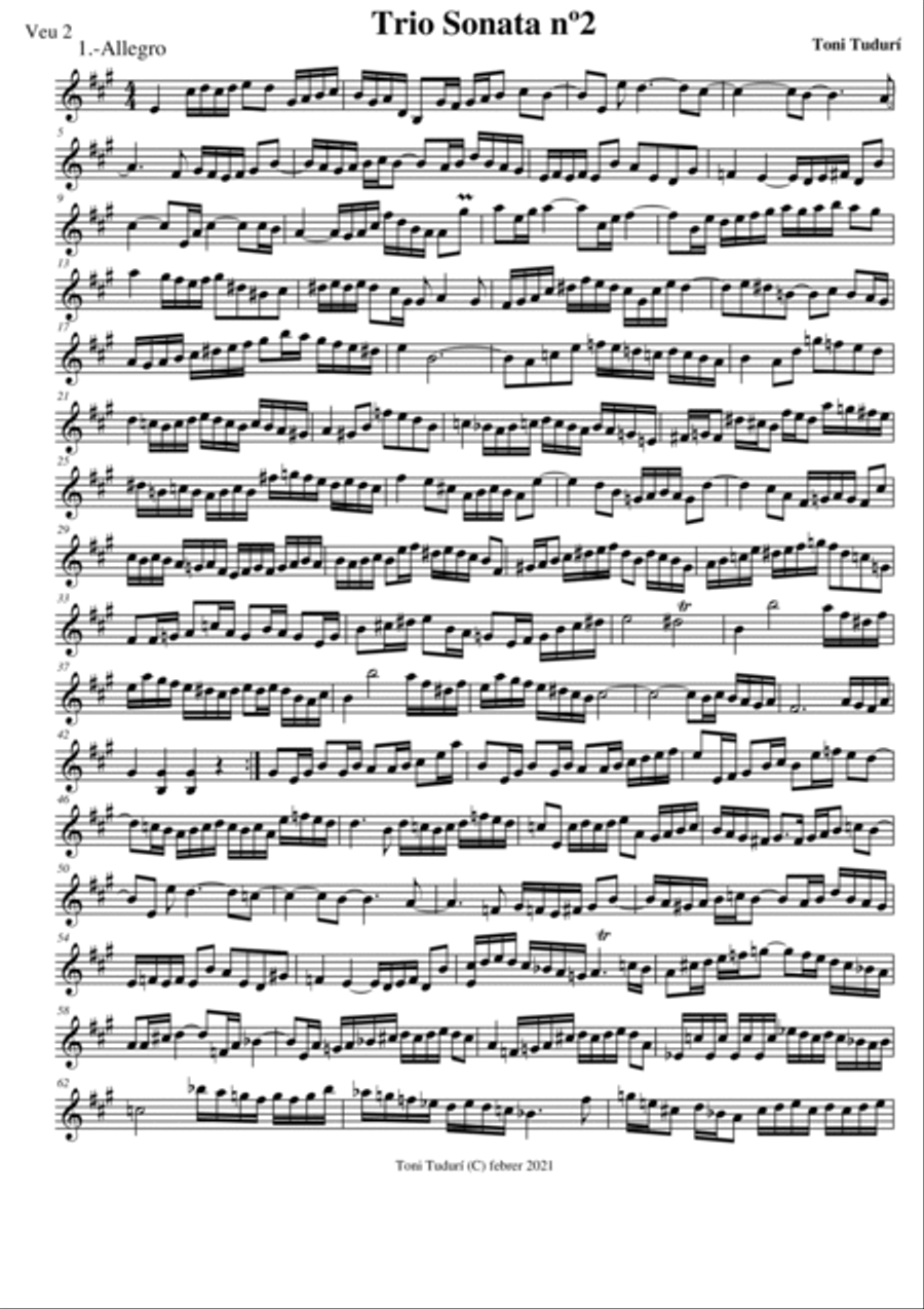 Trio sonata nº2 in A Major for flute, violin & cello, 2 violins & cello and basso continuo (PARTS D image number null