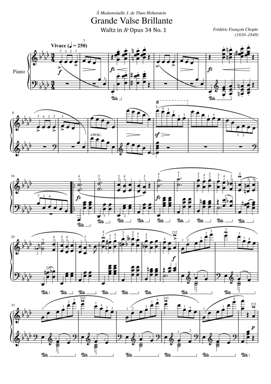 Chopin - Waltzs in A Flat Major, Op.34 No.1 - Grande Valse Brillante - Original With Fingering Piano Solo scores gallery preview page 1