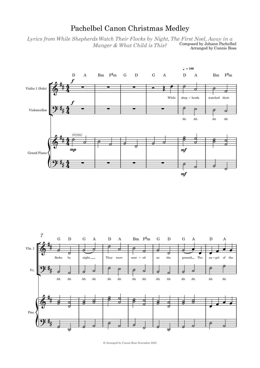 Pachelbel Canon with optional Christmas Medley lyrics violin and cello duet and piano Piano Trio scores gallery preview page 1