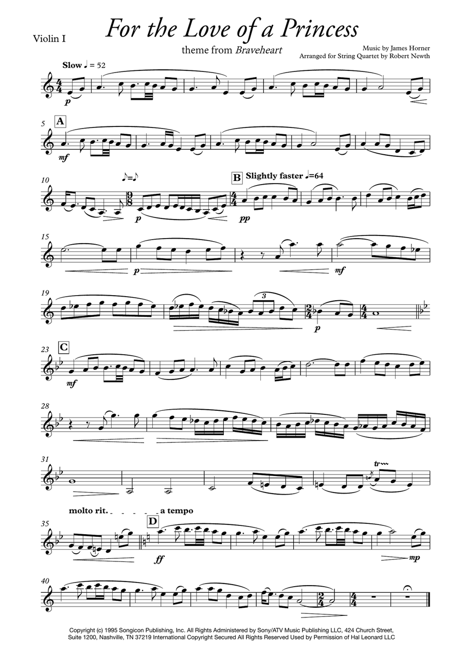 For The Love Of A Princess from the Twentieth Century Fox Motion Picture BRAVEHEART String Quartet scores gallery preview page 4