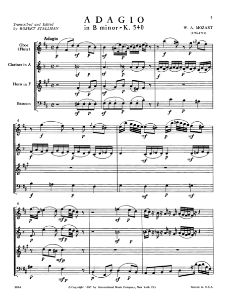 Adagio In B Minor, K. 540 For Oboe (Flute), Clarinet In A, Bassoon & Horn