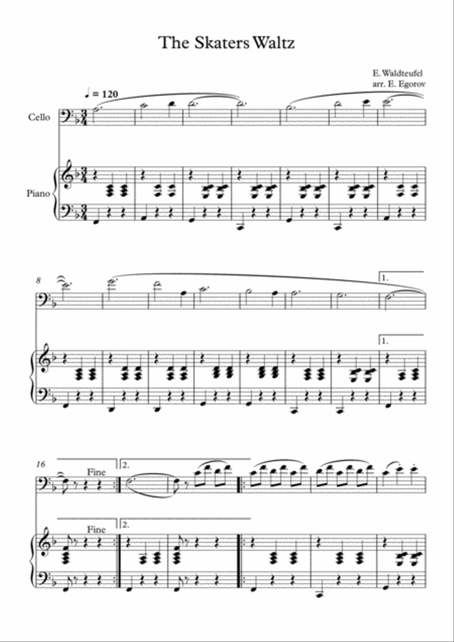 The Skaters Waltz, Emile Waldteufel, For Cello & Piano Piano scores gallery preview page 1