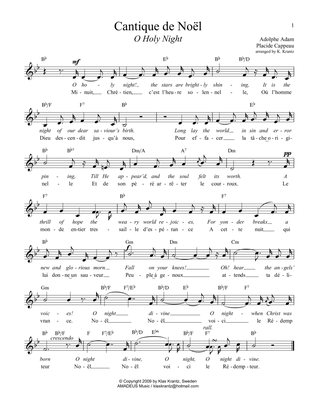 O Holy Night / Cantique de noel, lead sheet for voice with guitar chords (B Major)
