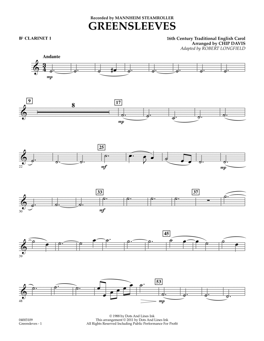 Greensleeves - Bb Clarinet 1 Concert Band scores gallery preview page 1