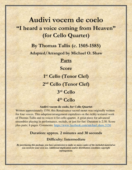Audivi vocem de coelo "I heard a voice coming from Heaven" for cello quartet image number null