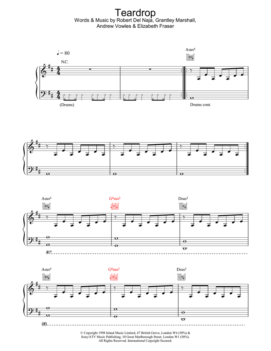 Teardrop Piano, Vocal, Guitar scores gallery preview page 1