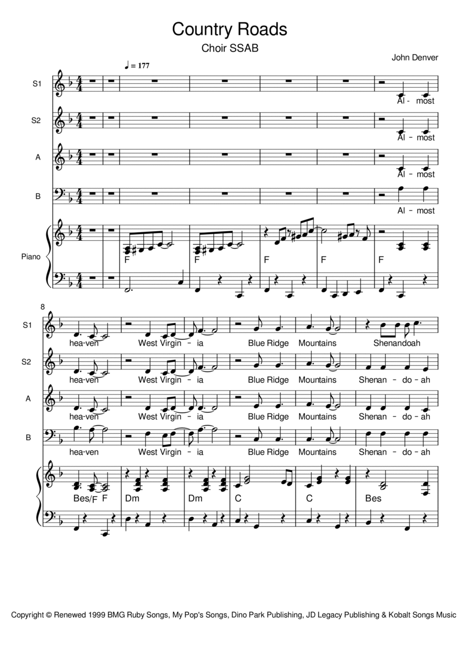 Take Me Home, Country Roads Choir scores gallery preview page 1