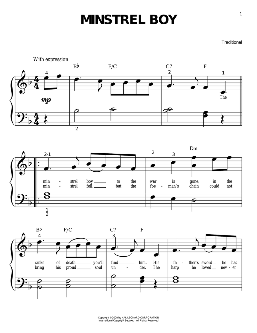 Minstrel Boy Minstrel Boy Easy Piano scores gallery preview page 1