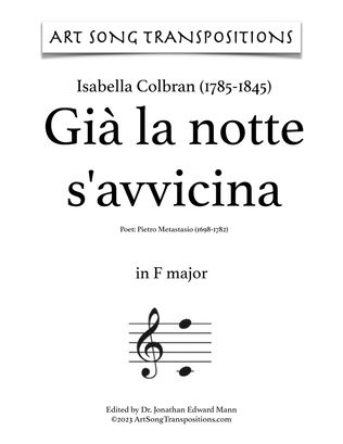 Book cover for COLBRAN: Già la notte s'avvicina (transposed to F major)