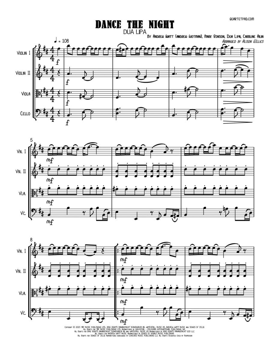 Dance The Night String Quartet scores gallery preview page 1