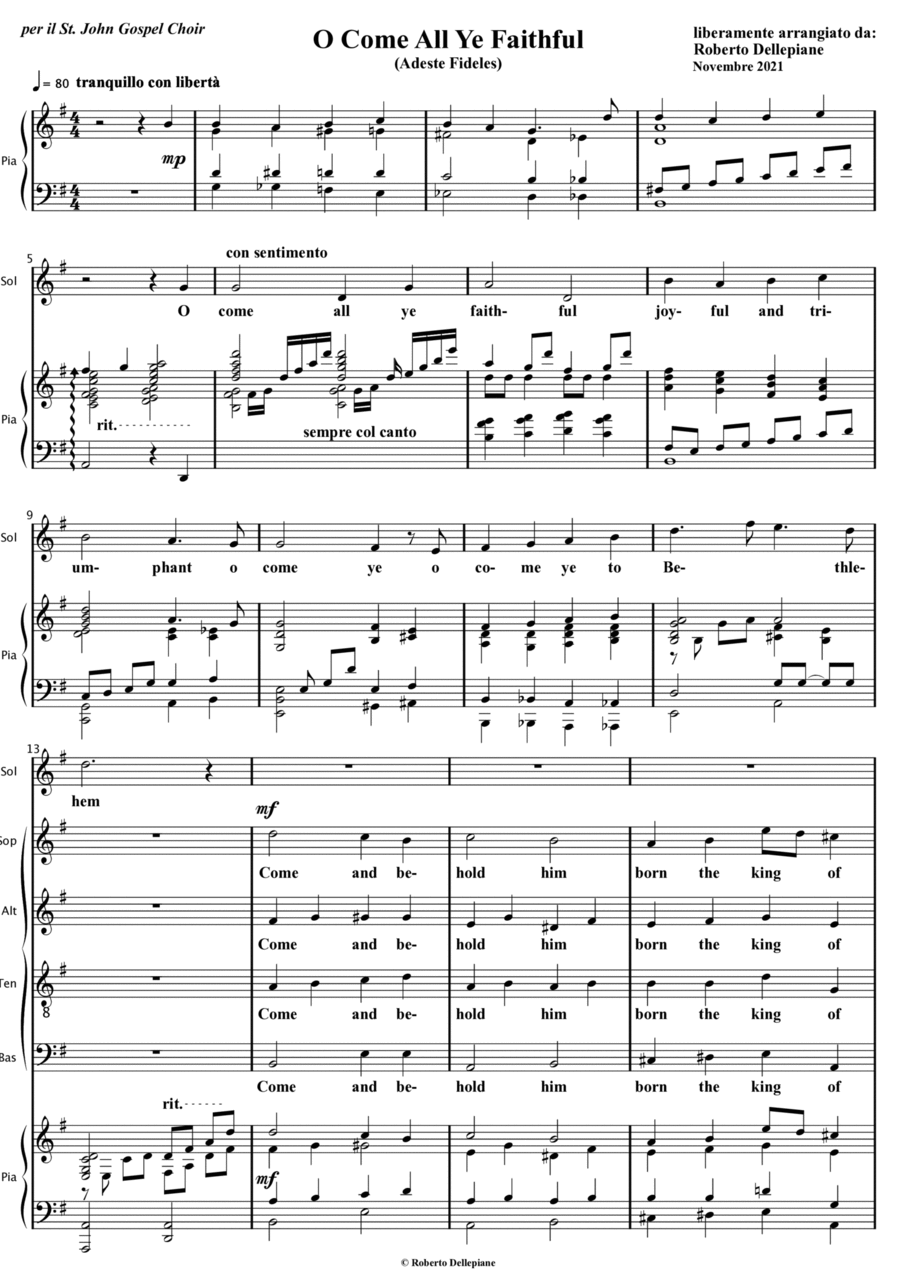 O Come All Ye Faithful (Adeste Fideles) for gospel choir a soloist and piano 4-Part scores gallery preview page 1