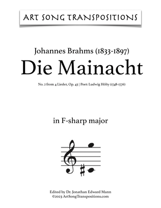 Book cover for BRAHMS: Die Mainacht, Op. 43 no. 2 (transposed to F-sharp major)