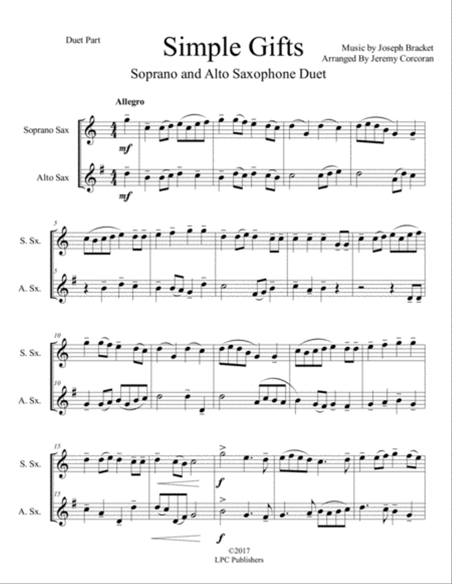 Simple Gifts for Soprano and Alto Saxophone Simple Gifts for Soprano and Alto Saxophone Woodwind Duet scores gallery preview page 1