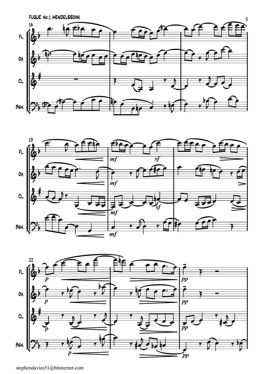 'Fugue No.1 From 6 Preludes & Fugues Op.35' by Felix Mendelssohn-Bartholdy for Woodwind Quartet. Woodwind Quartet scores gallery preview page 3