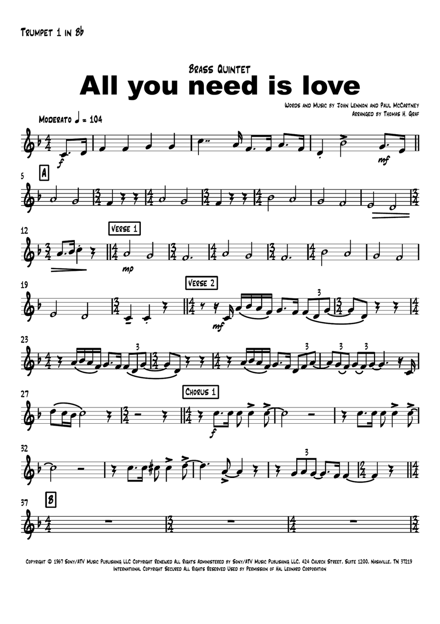 All You Need Is Love by The Beatles Euphonium Digital Sheet Music Sheet Music Plus