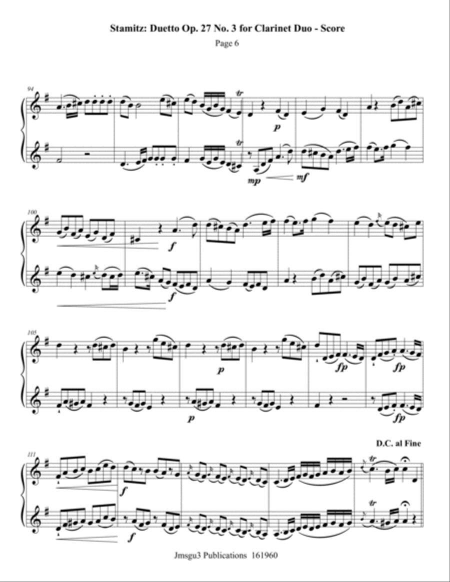 Stamitz: Duet Op. 27 No. 3 for Clarinet Duo Clarinet Duet scores gallery preview page 6